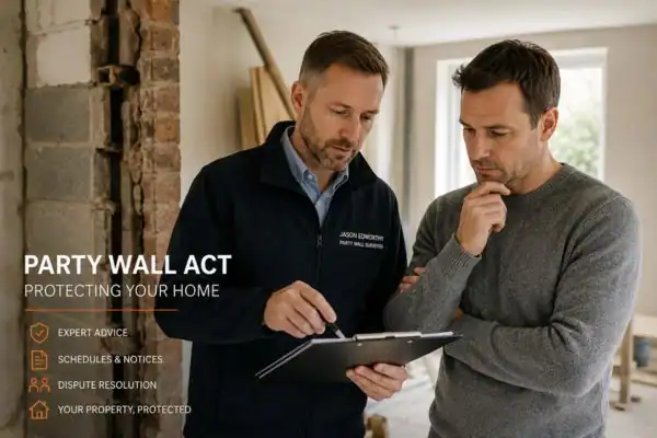 Party wall surveyor Derbyshire discussing extension plans with homeowner outside a UK semi-detached house.